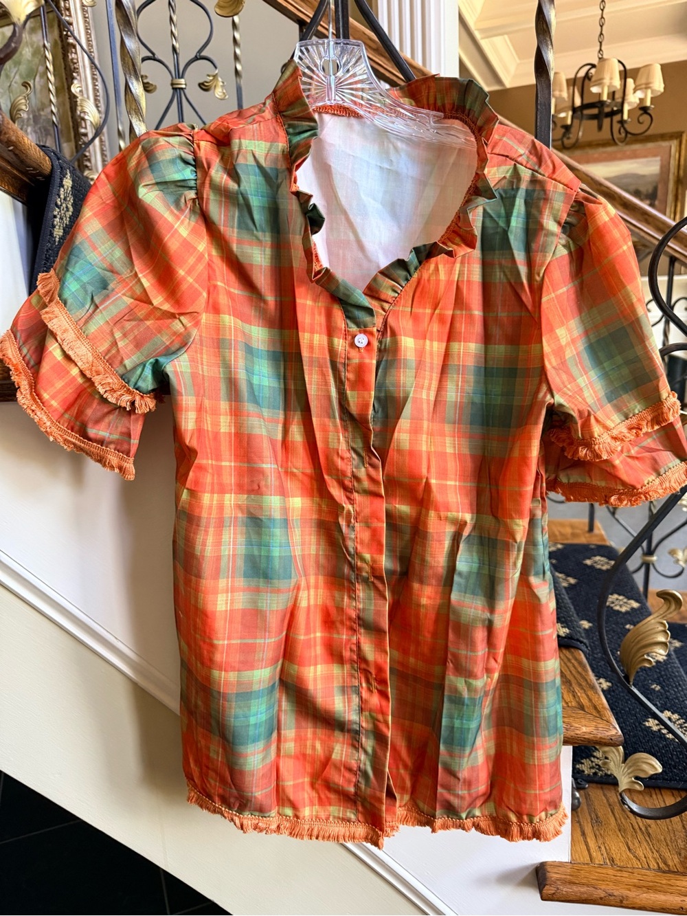 Beautiful Fall button front top. Ruffle neck. Short Bell sleeves. Size S NWOT